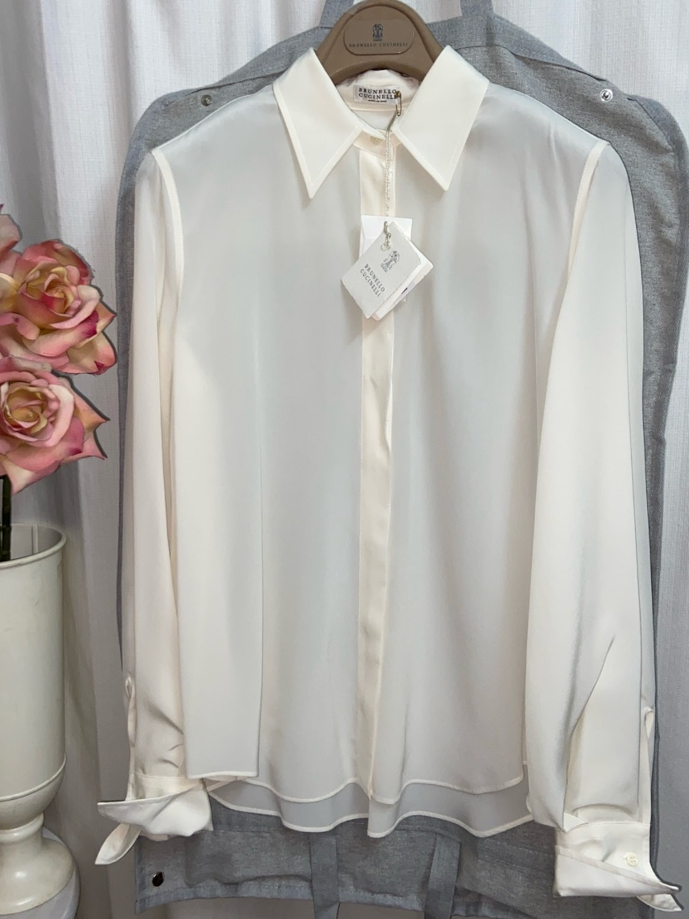 Brunello Cucinelli Soft Cream Silk Button-Up Shirt